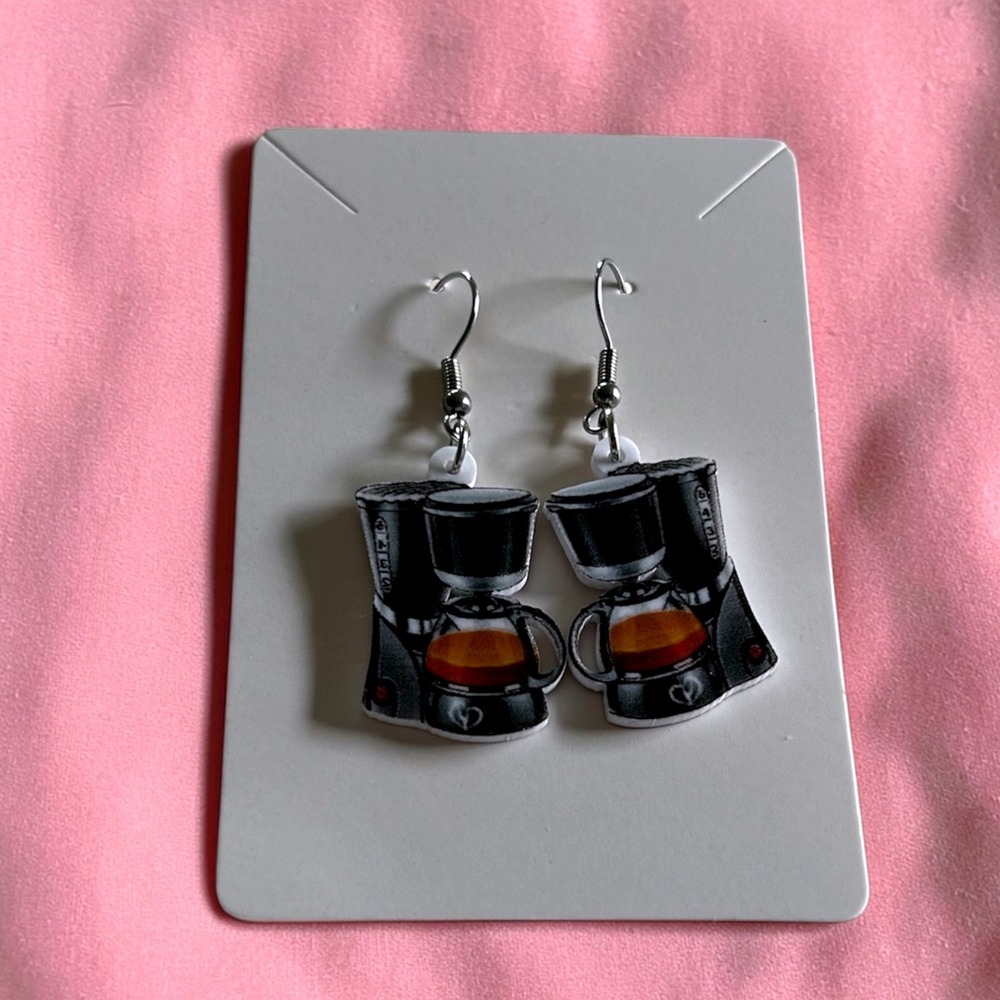 Coffee Maker Acrylic Dangle Earrings Silver Tone Fishhook Novelty Barista Gift